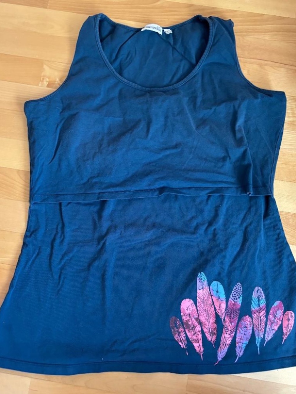 Nursing Top -Momzelle Teal Double Layer Nursing Tank Top w/ Feather Graphic - XL